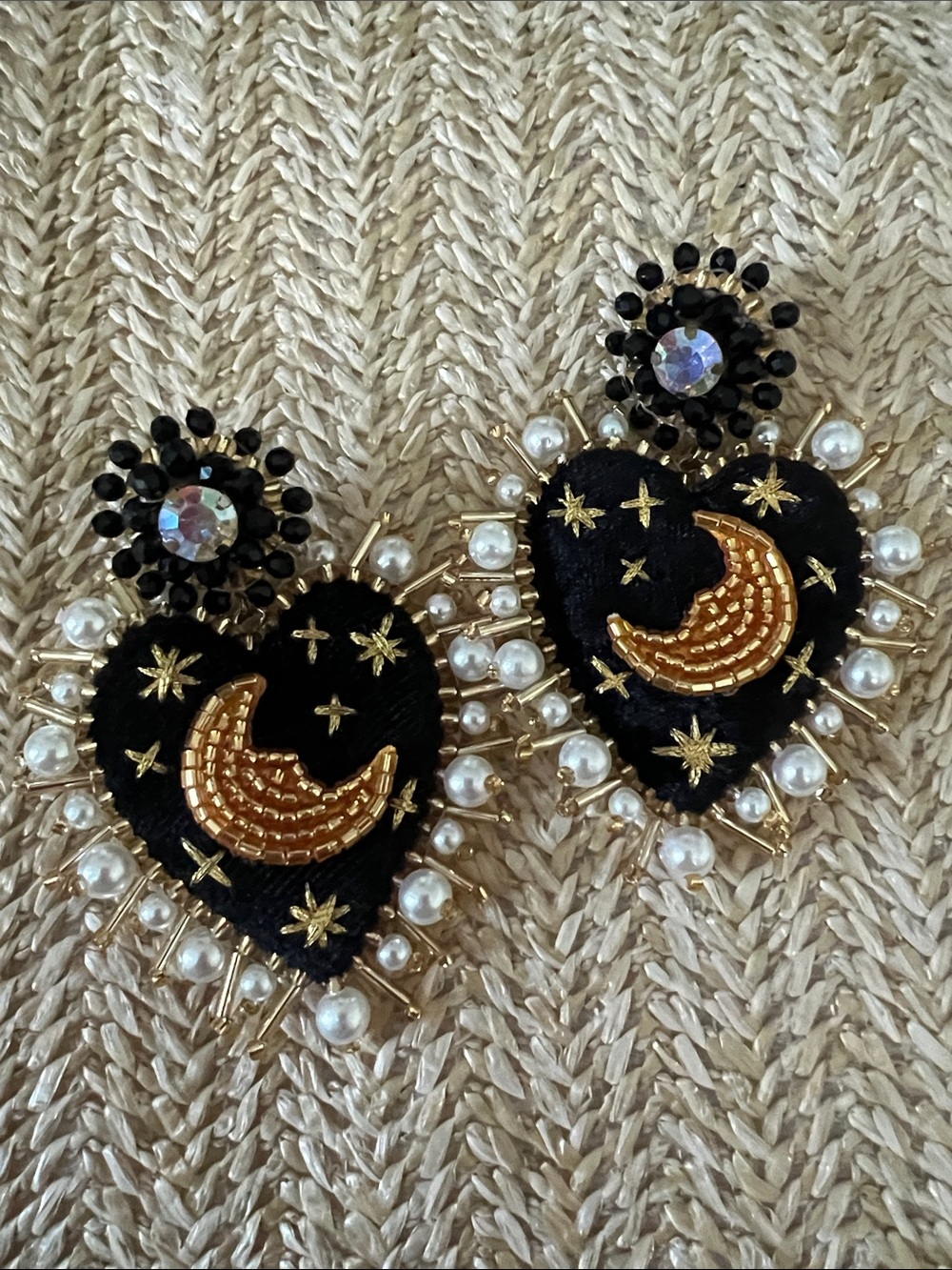 Embellished Heart Moon Drop Earrings - Black & Gold with Pearls made in Mexico